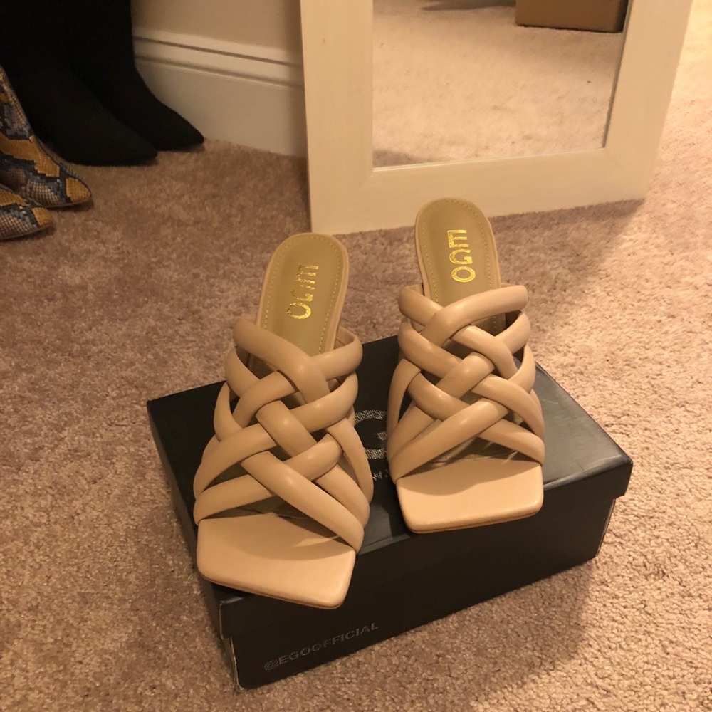 Ego Square Peep Toe Woven Kitten Heel Mule